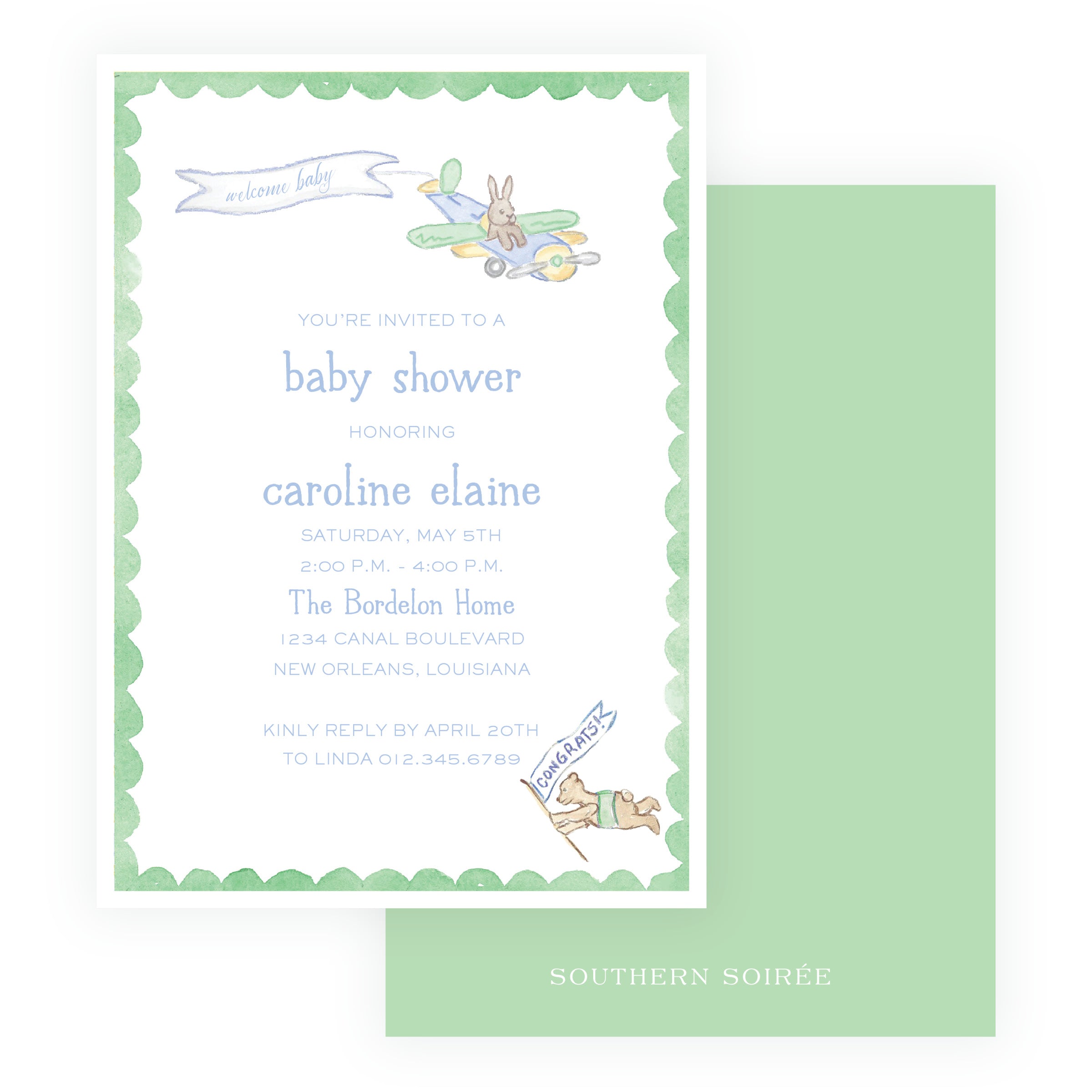 Baby Bleu Heirloom Little Explorer Airplane Baby Shower Invitation