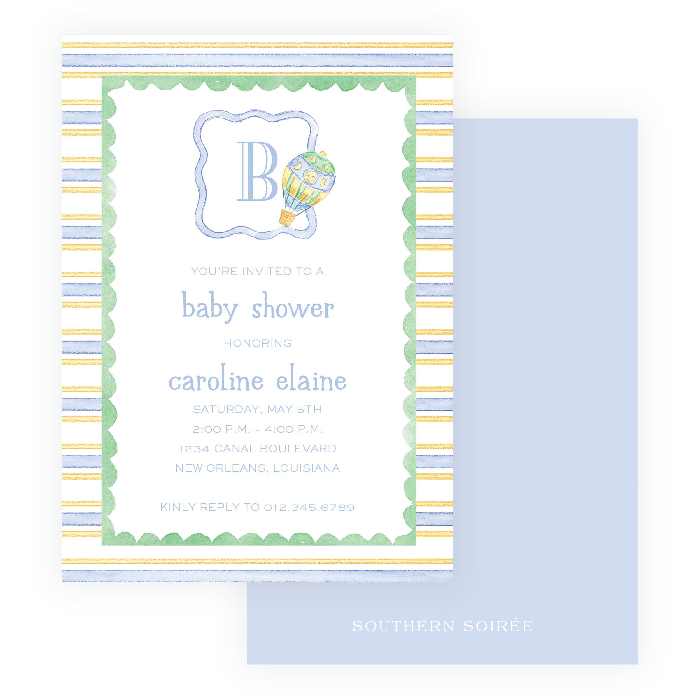 Baby blue hot air balloon monogram baby shower invitation with green scallops and striped border