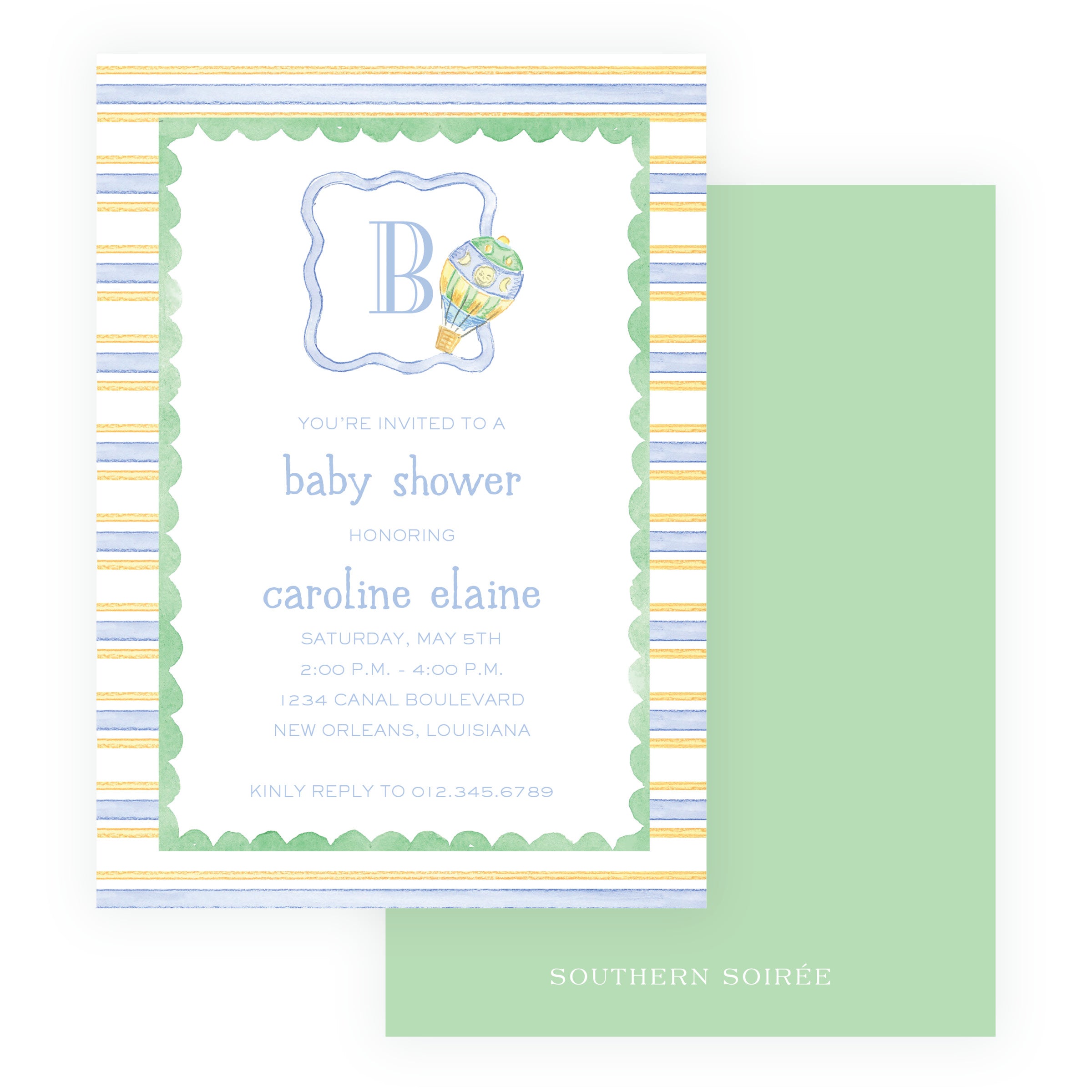 Baby Bleu Heirloom Hot Air Balloon Striped Baby Shower Invitation