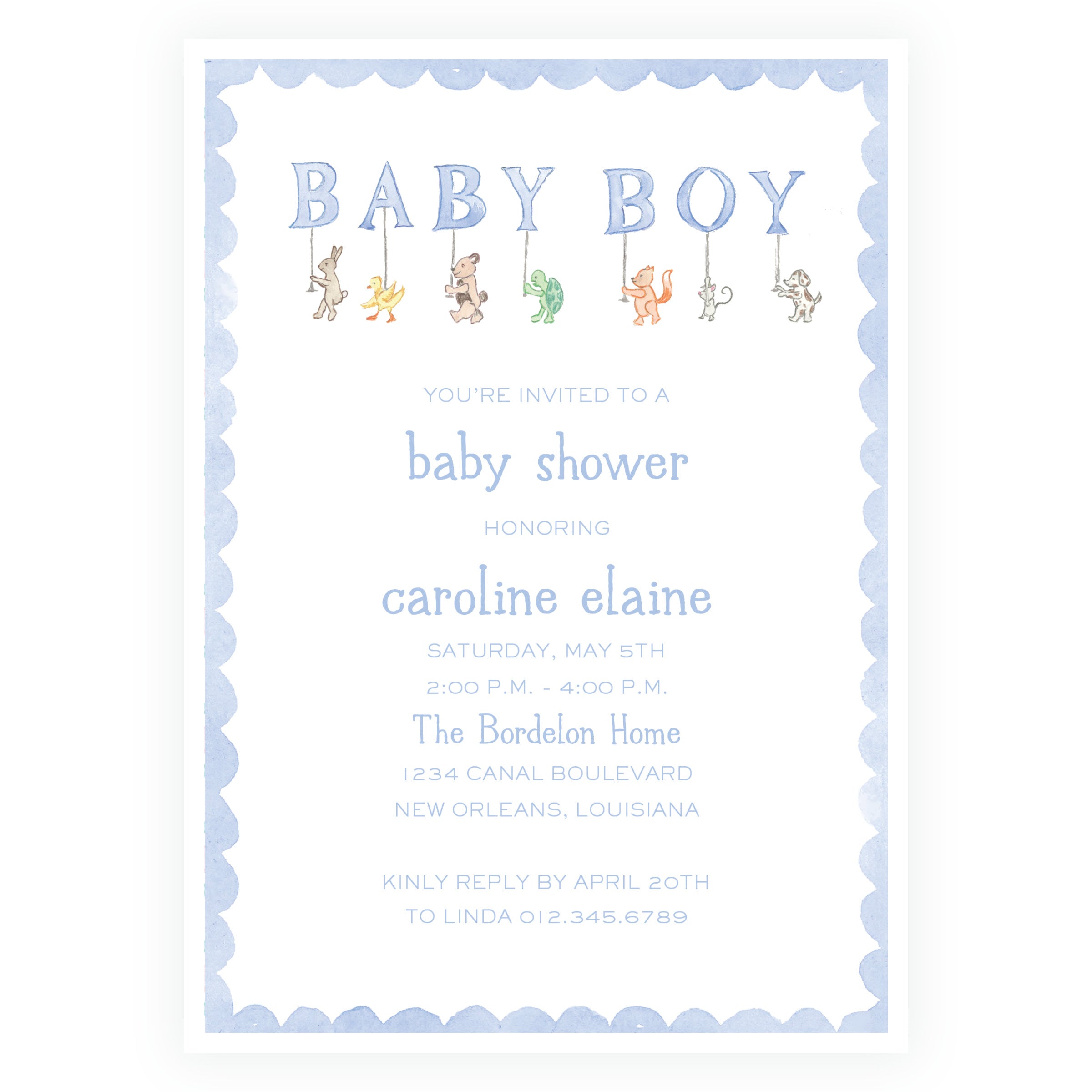 Baby Bleu Heirloom Woodland Animal Parade Baby Shower Invitation
