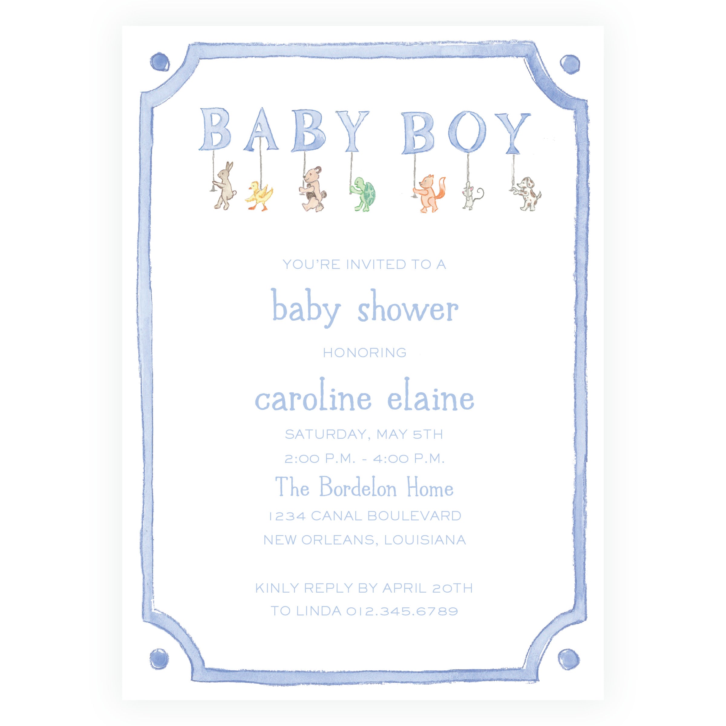 Baby Bleu Heirloom Woodland Animal Parade Framed Baby Shower Invitation