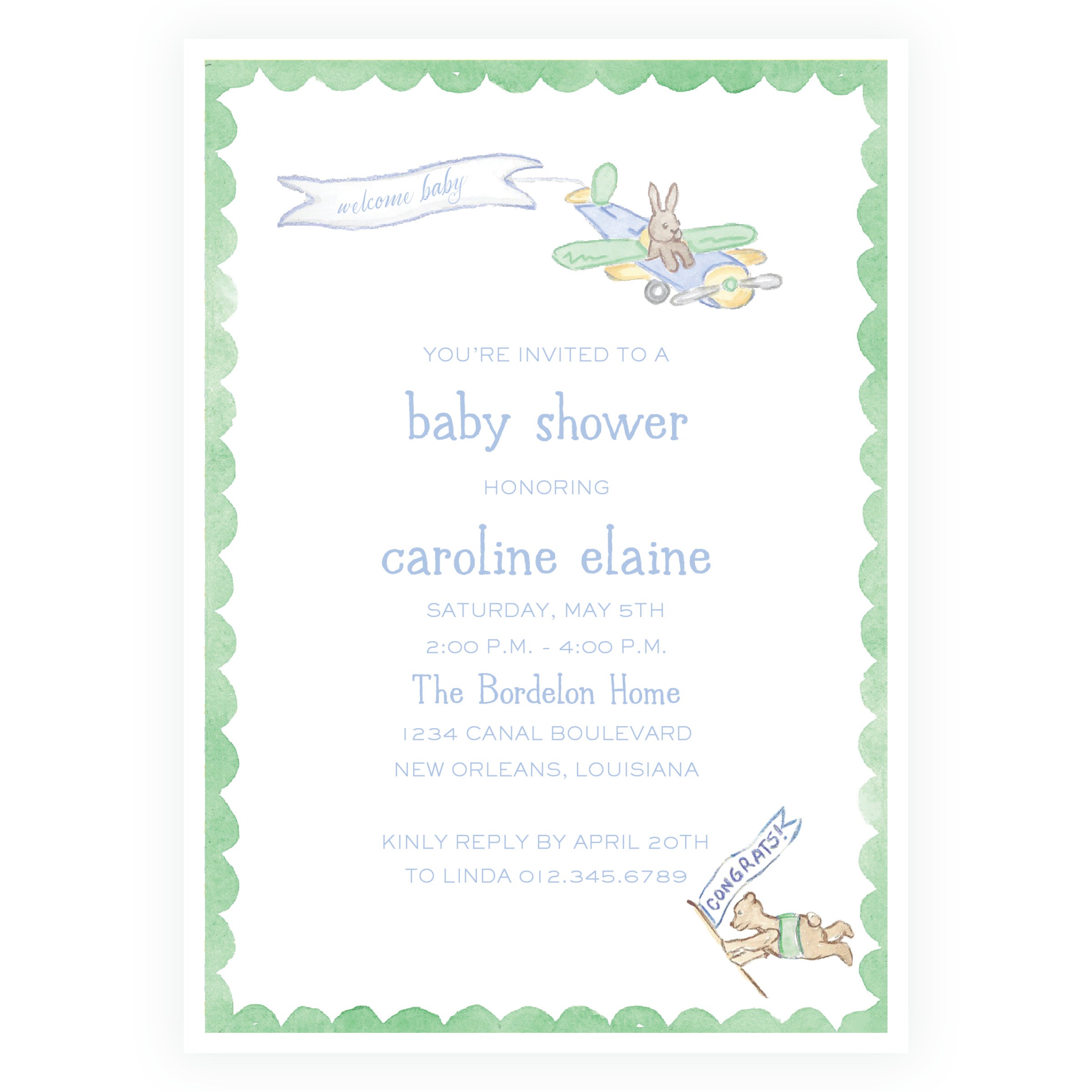 Baby Bleu Heirloom Little Explorer Airplane Baby Shower Invitation