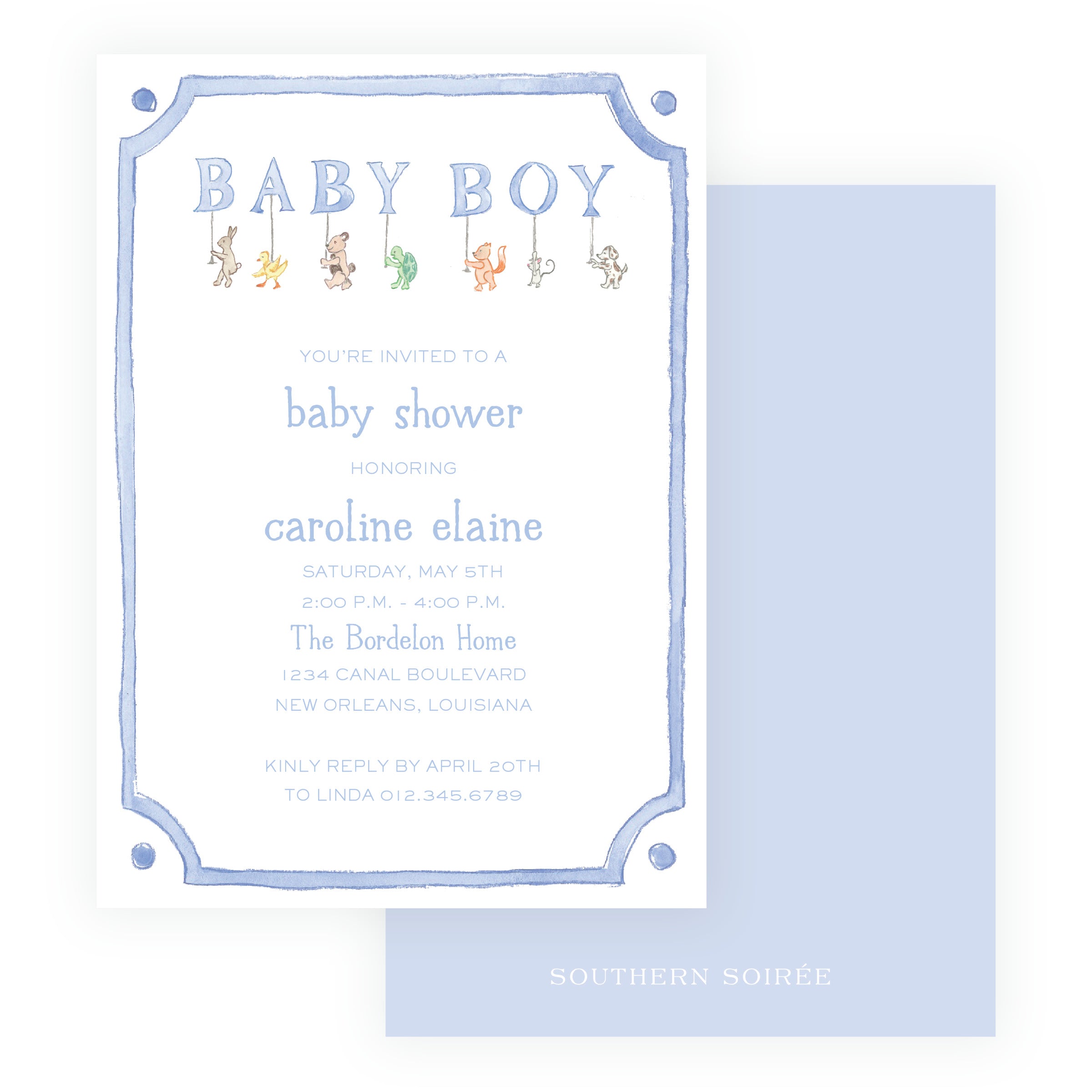 Baby Bleu Heirloom Woodland Animal Parade Framed Baby Shower Invitation