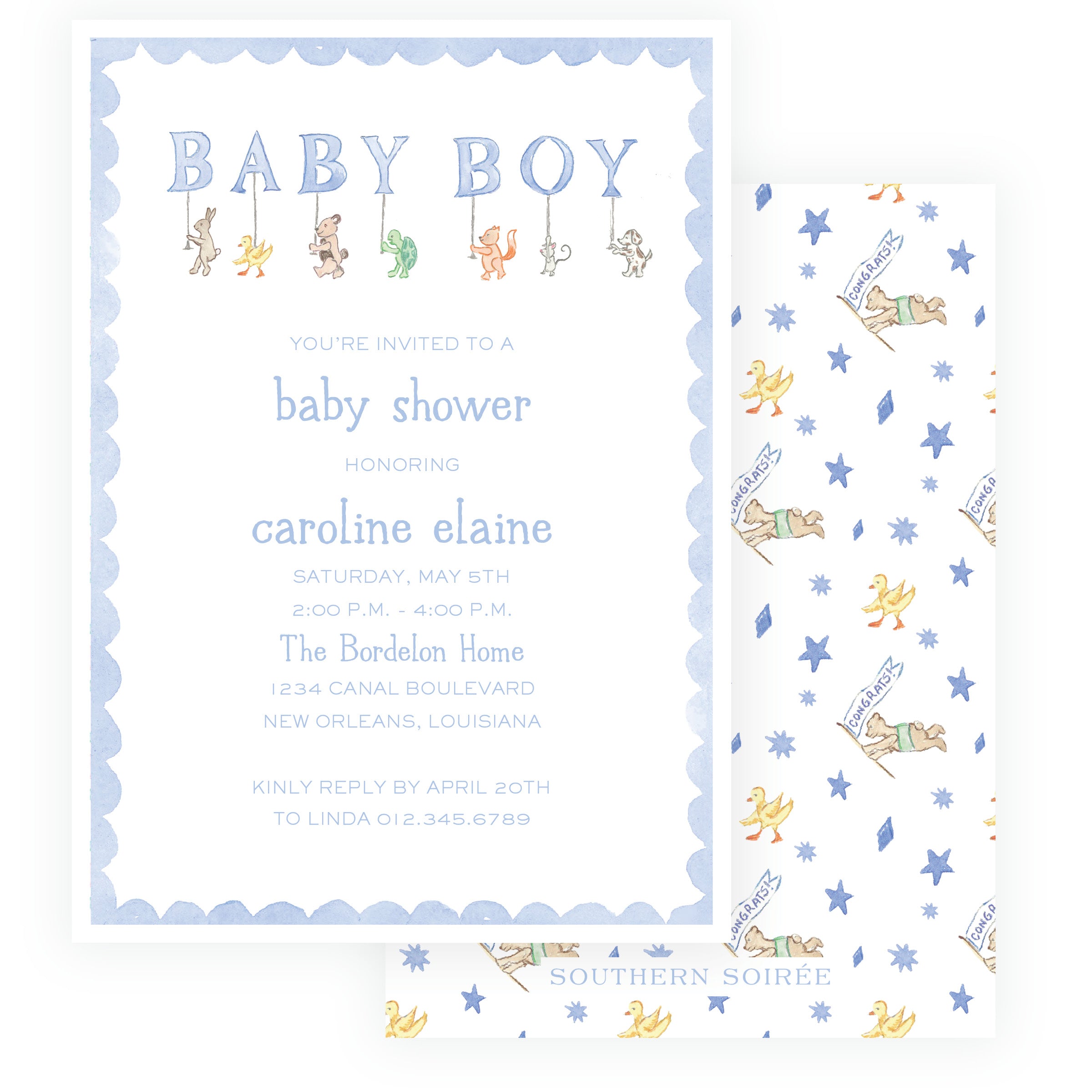 Baby Bleu Heirloom Woodland Animal Parade Baby Shower Invitation