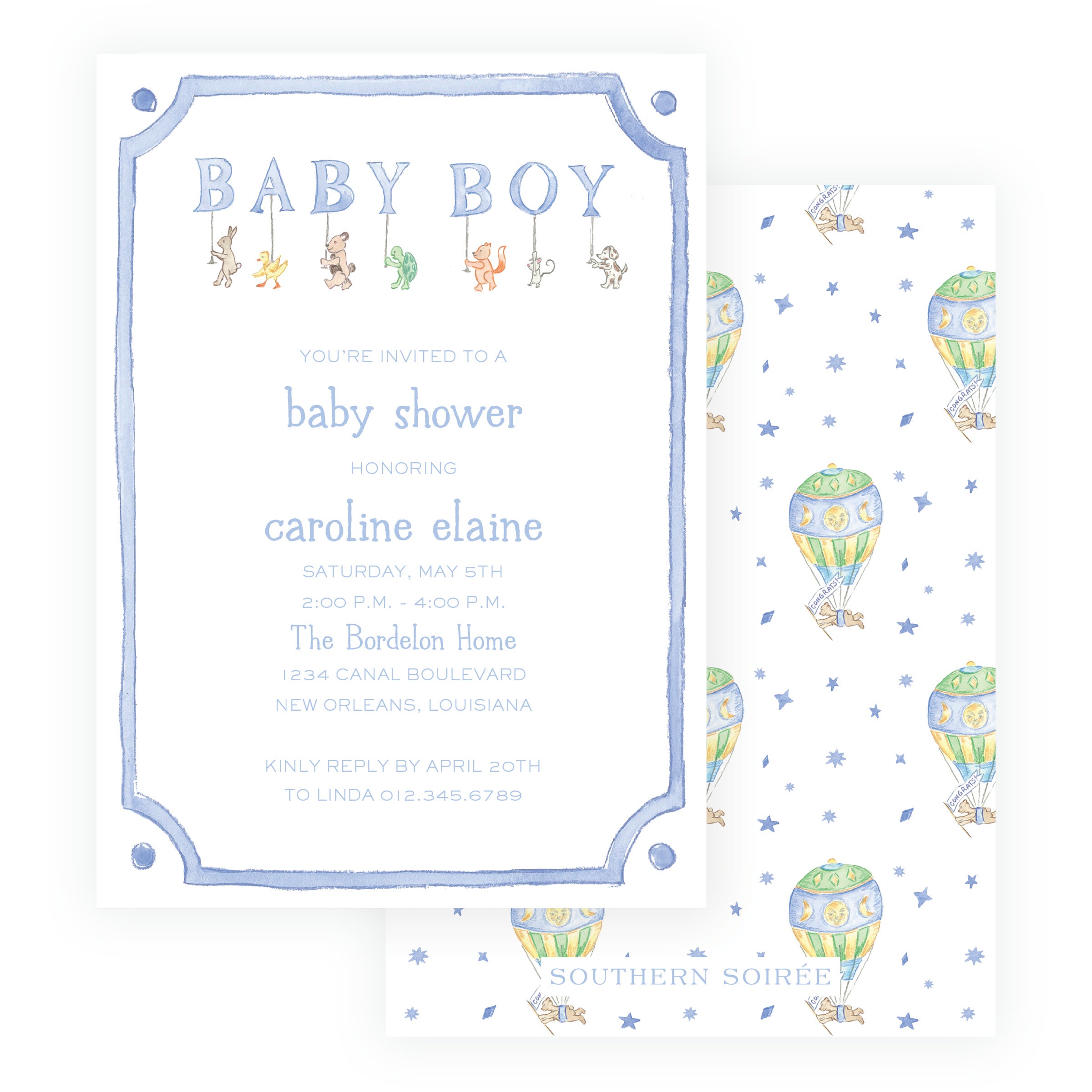 Baby Bleu Heirloom Woodland Animal Parade Framed Baby Shower Invitation