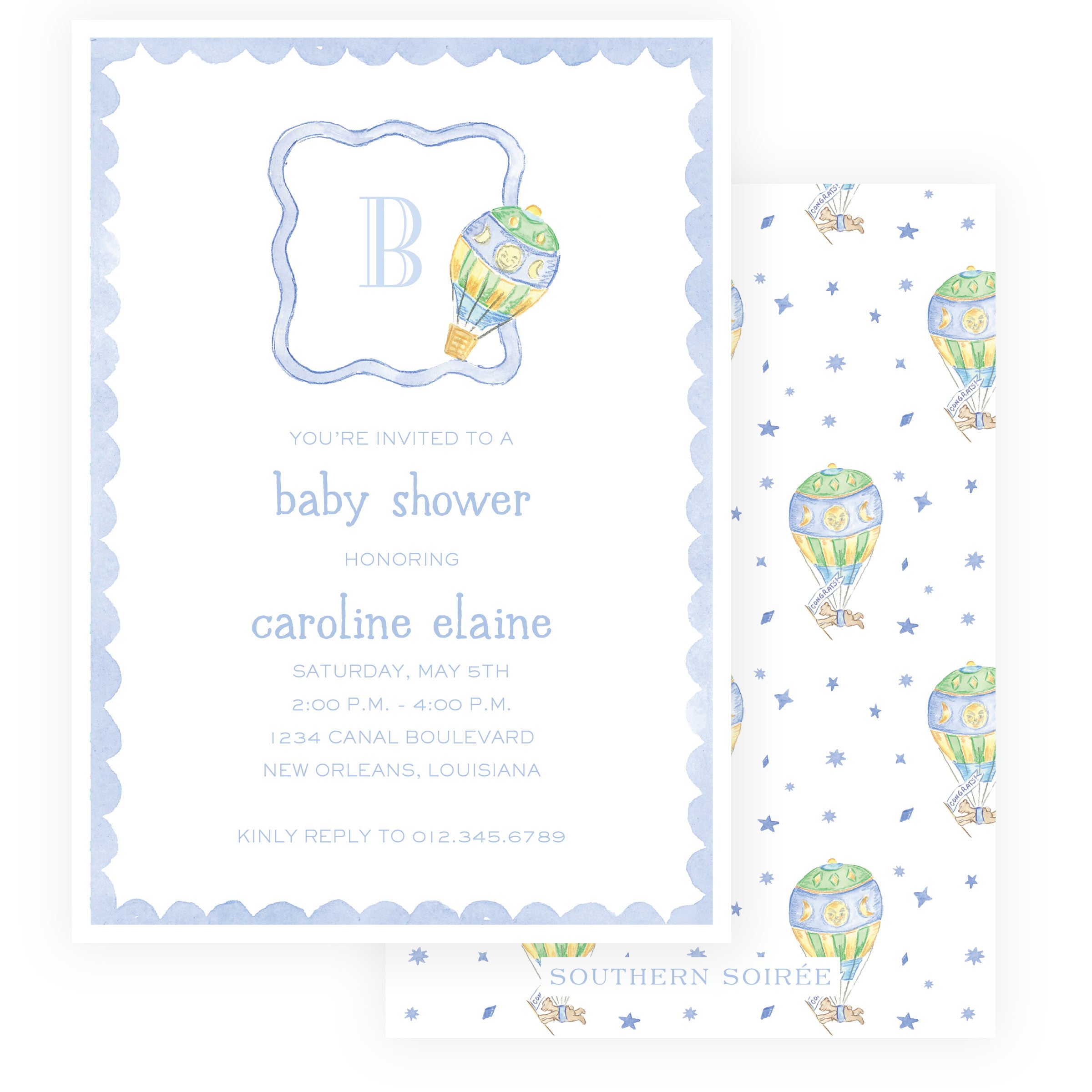 Baby blue hot air balloon monogram baby shower invitation with scalloped frame