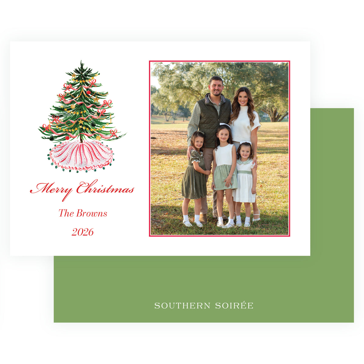 Festive Fir Bow Tree personalized Christmas photo card with watercolor Christmas tree, red bows, family photo and holiday greeting.