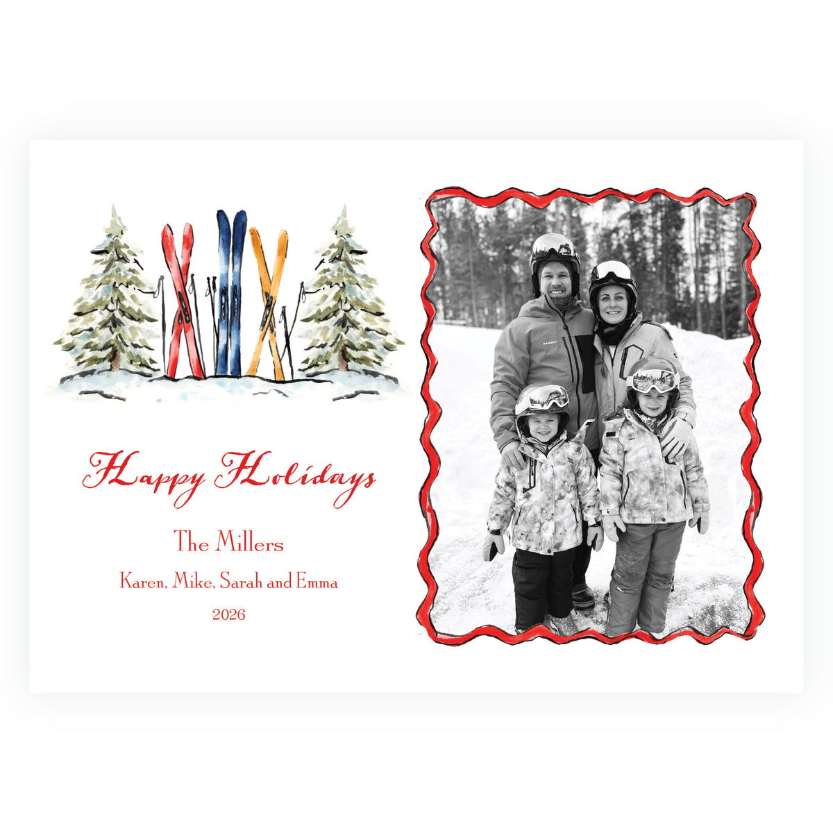 Mountain Christmas photo card with watercolor skis, snowy trees and personalized family greeting