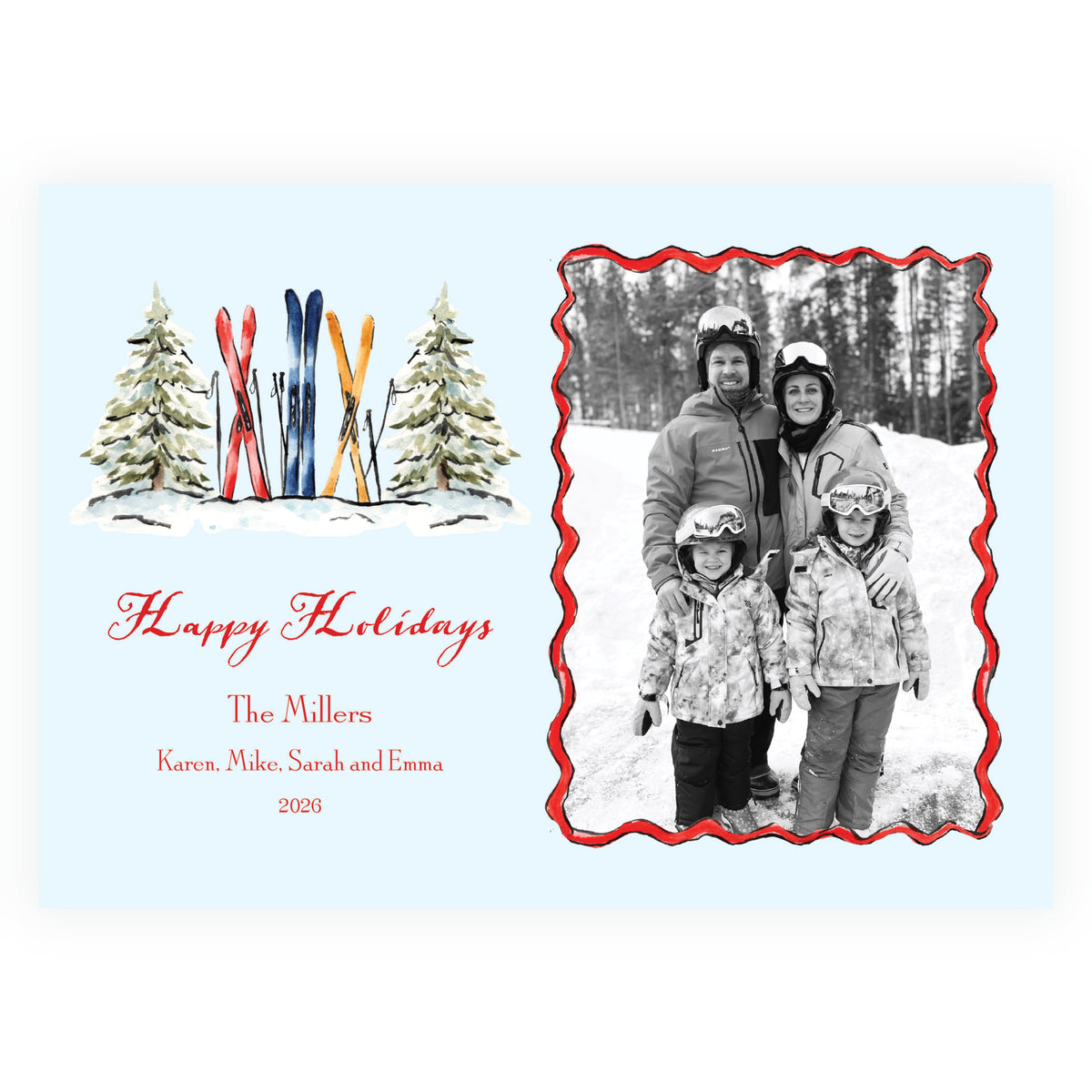 Alpine Holiday Skis & Evergreens Blue Landscape Personalized Christmas Photo Card