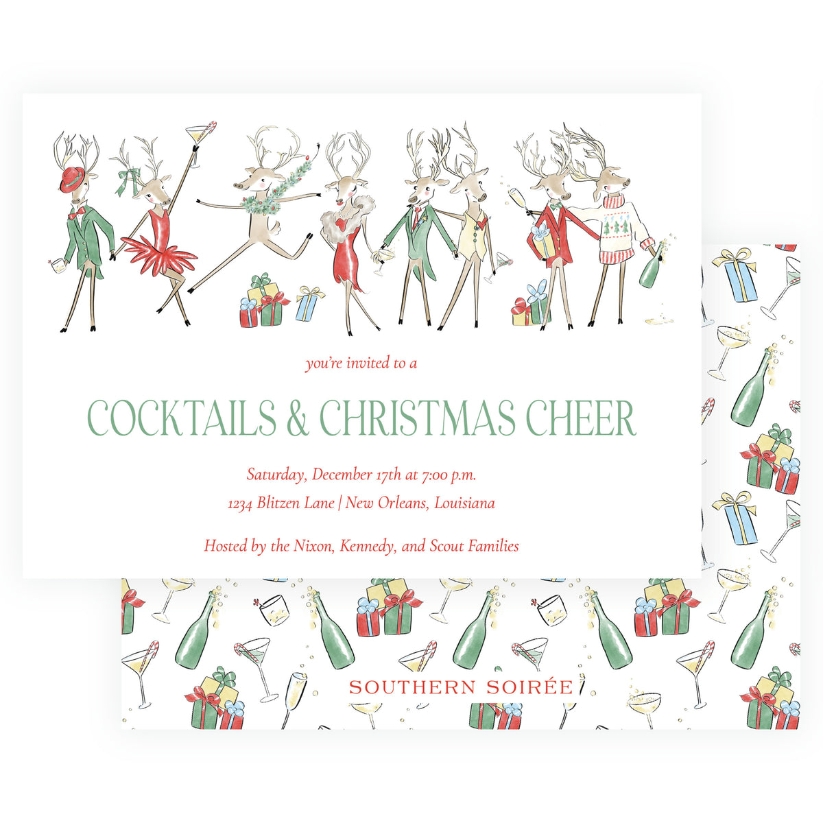 Reindeer Revelry Cocktails and Christmas Cheer landscape Christmas party invitation with watercolor reindeer and cocktails