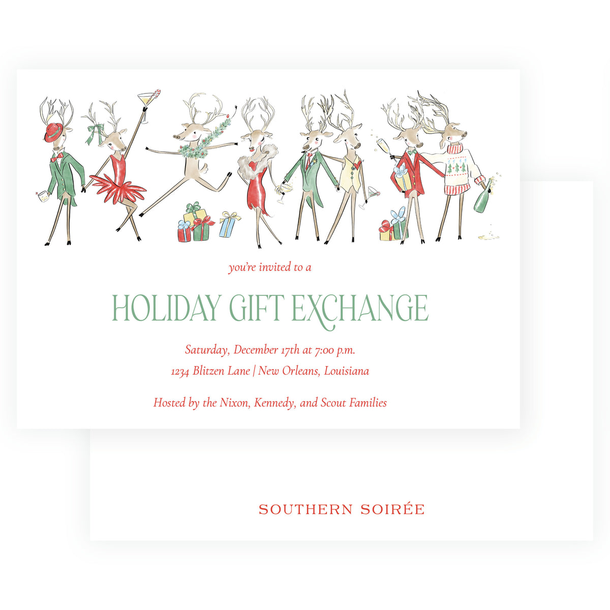 Reindeer Revelry Holiday Gift Exchange Landscape Christmas Invitation