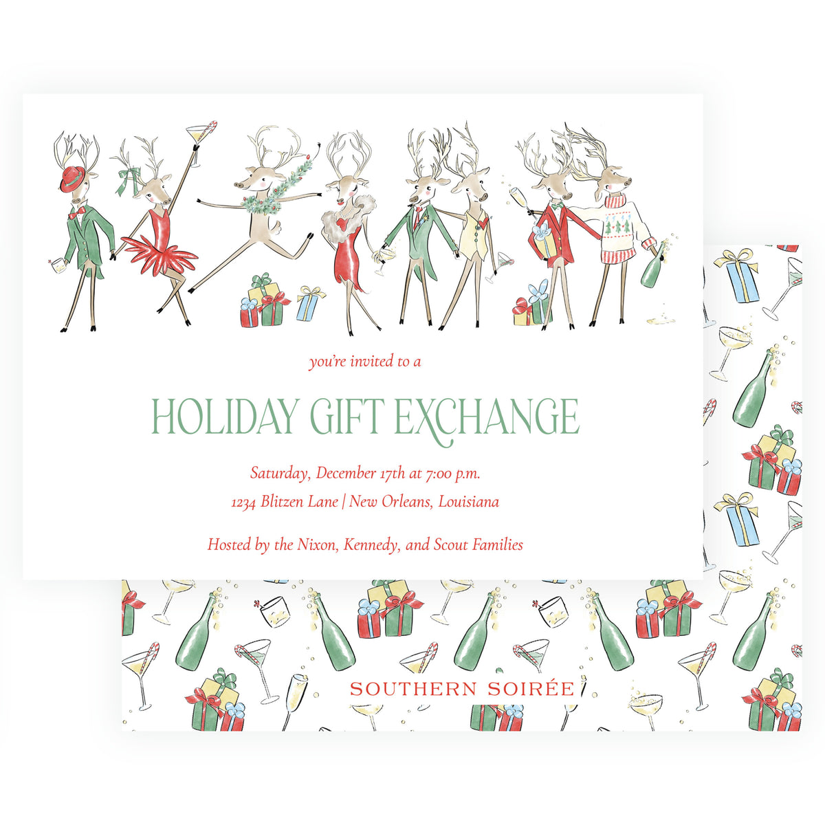 Reindeer Revelry Holiday Gift Exchange Landscape Christmas Invitation