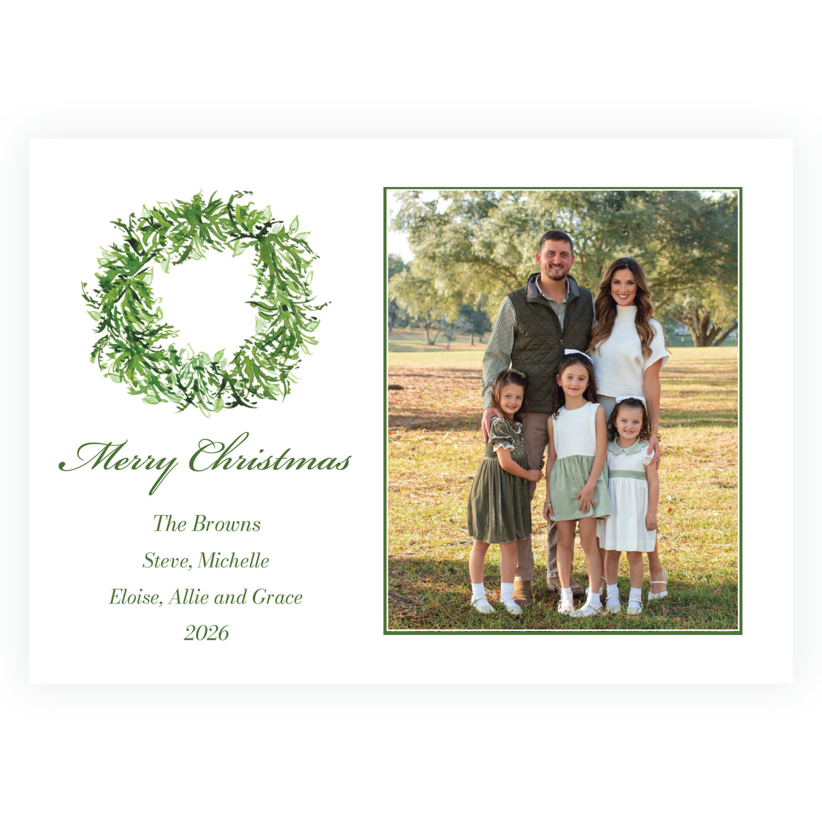 Festive Fir Evergreen Wreath Personalized Christmas Photo Card