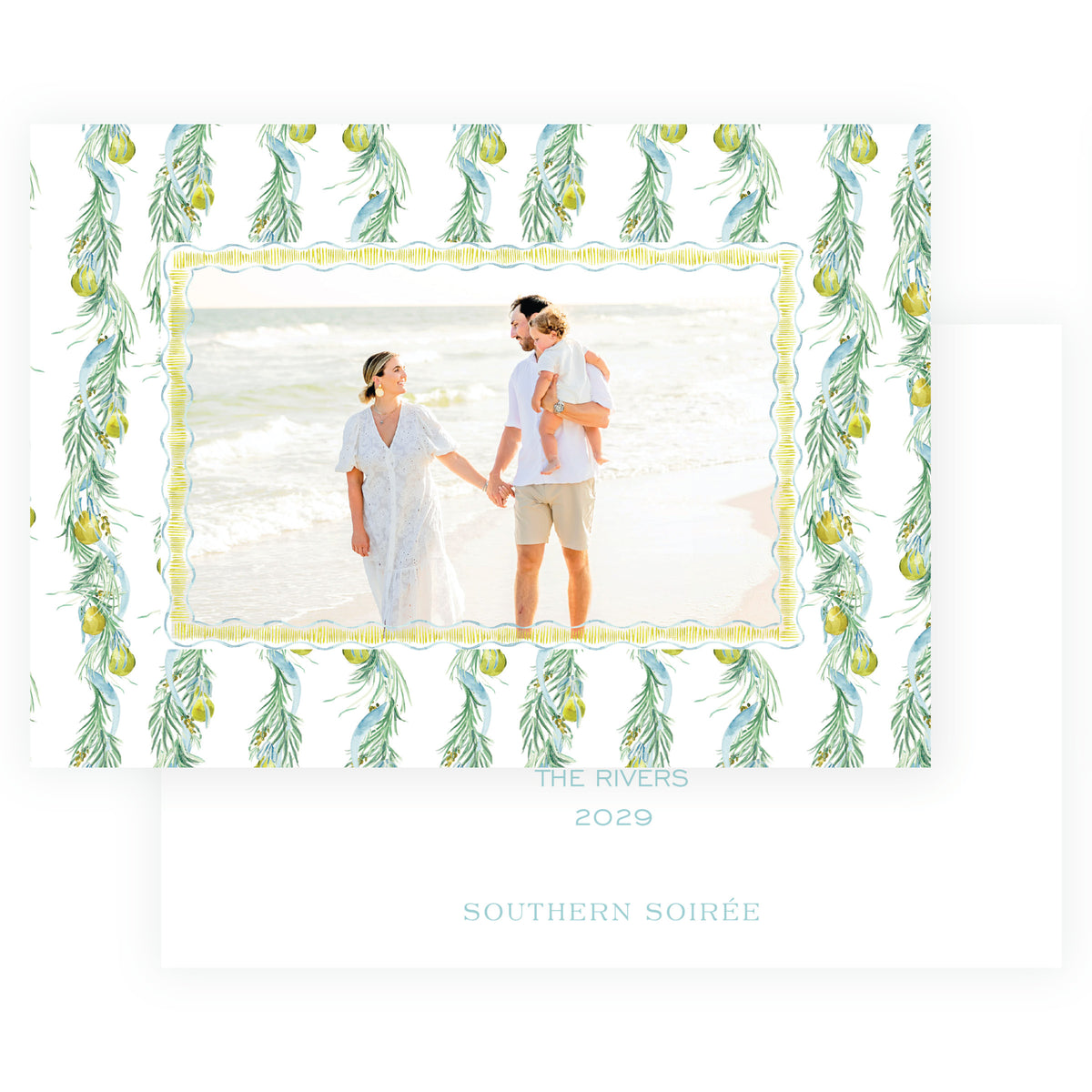Evergreen and Pear pattern border landscape personalized Christmas photo card