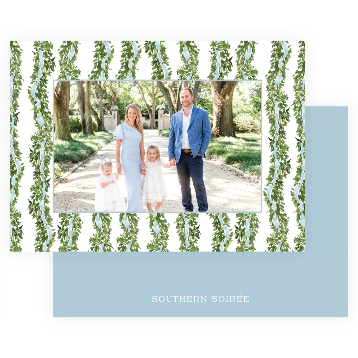 Decked in Garland – Blue Ribbon Garland Landscape Personalized Christmas Photo Card