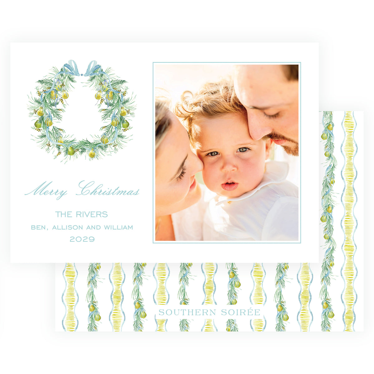 Evergreen and Pear wreath landscape personalized Christmas photo card