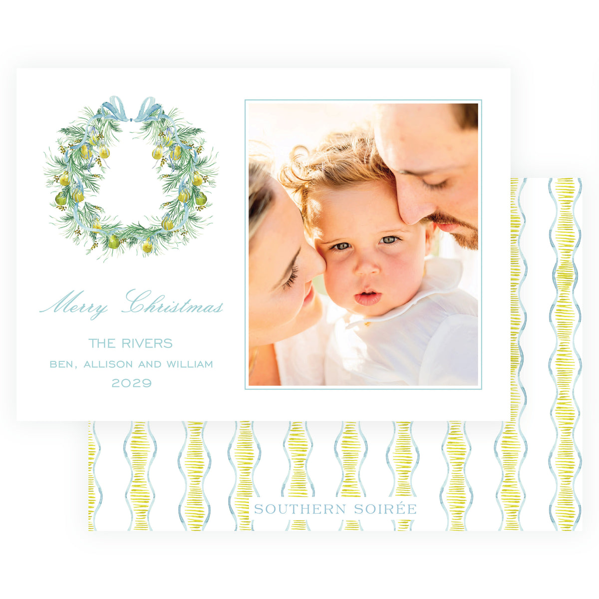 Watercolor pear wreath personalized family Christmas card