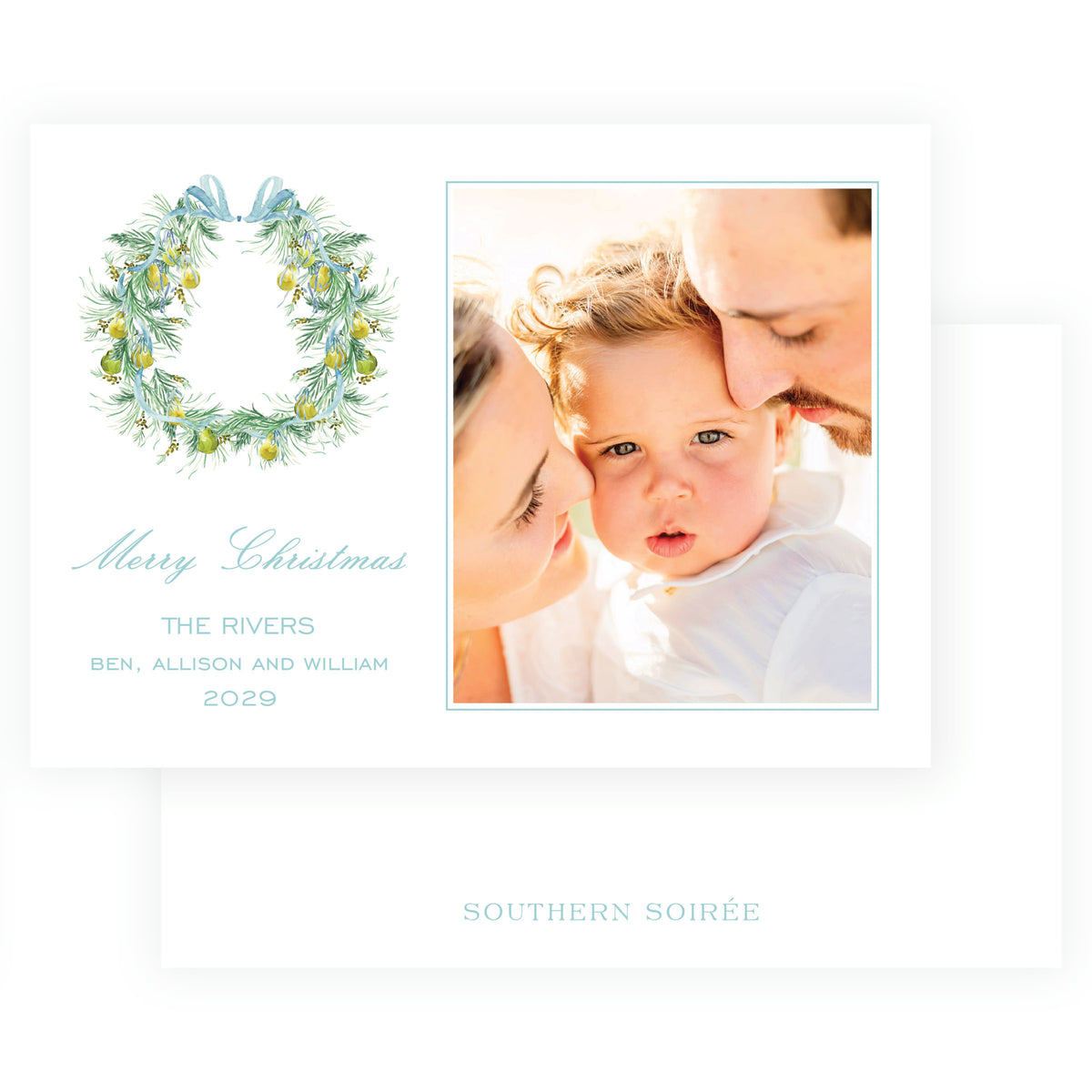 Personalized family holiday card with golden pear wreath