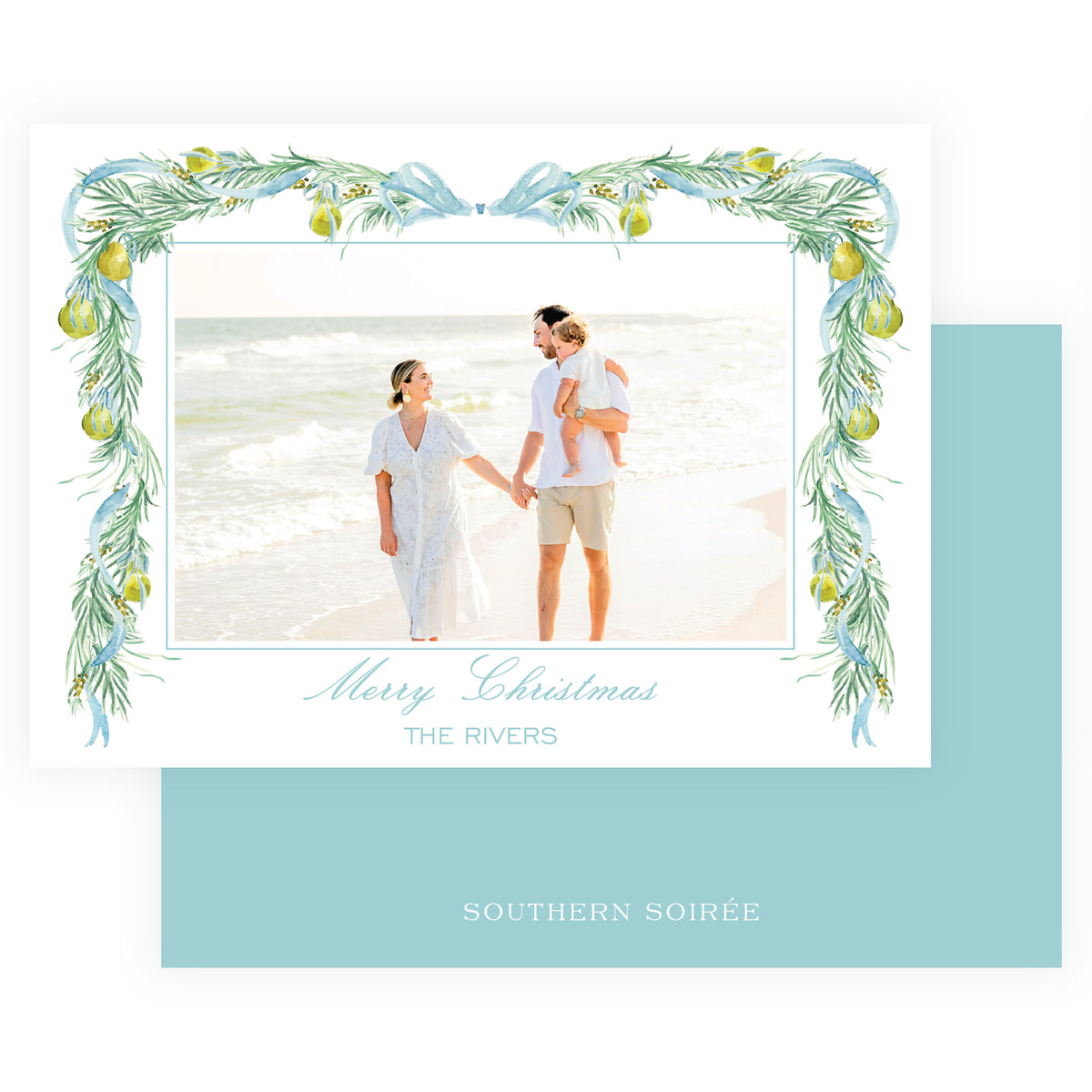 Landscape family Christmas card with watercolor pear garland