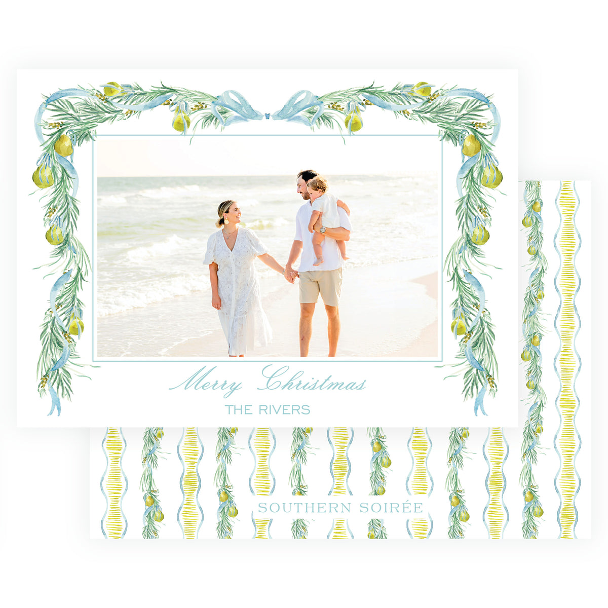 A holiday greeting card set featuring a square photo card with a watercolor green pine garland border and the text 'Merry Christmas'.