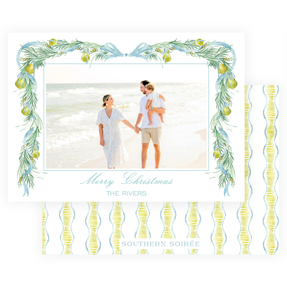 Personalized Christmas photo card with evergreen pears and blue ribbon