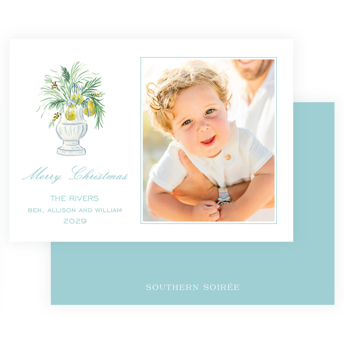 Watercolor evergreen urn personalized family holiday card