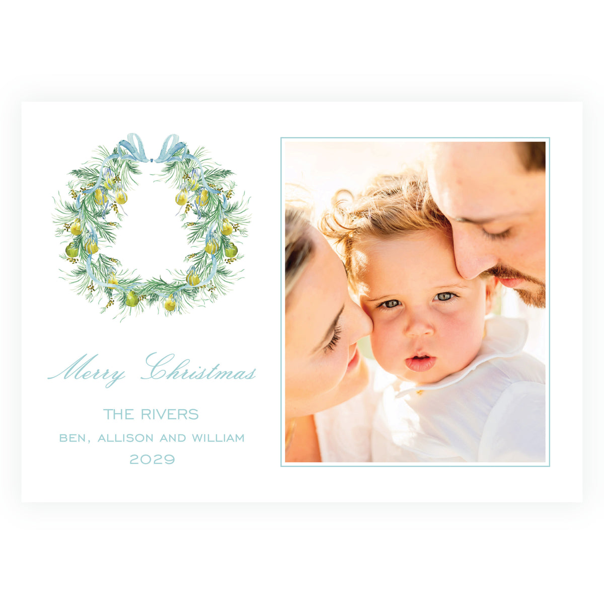 Landscape Christmas photo card with evergreen wreath and blue bow