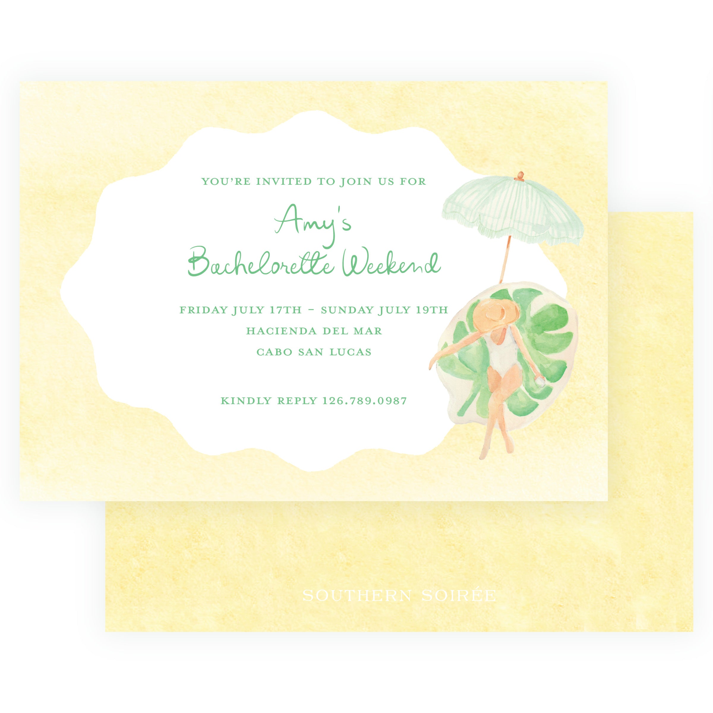Yellow tropical bachelorette invitation with watercolor beach girl, striped umbrella and green leaf pool float