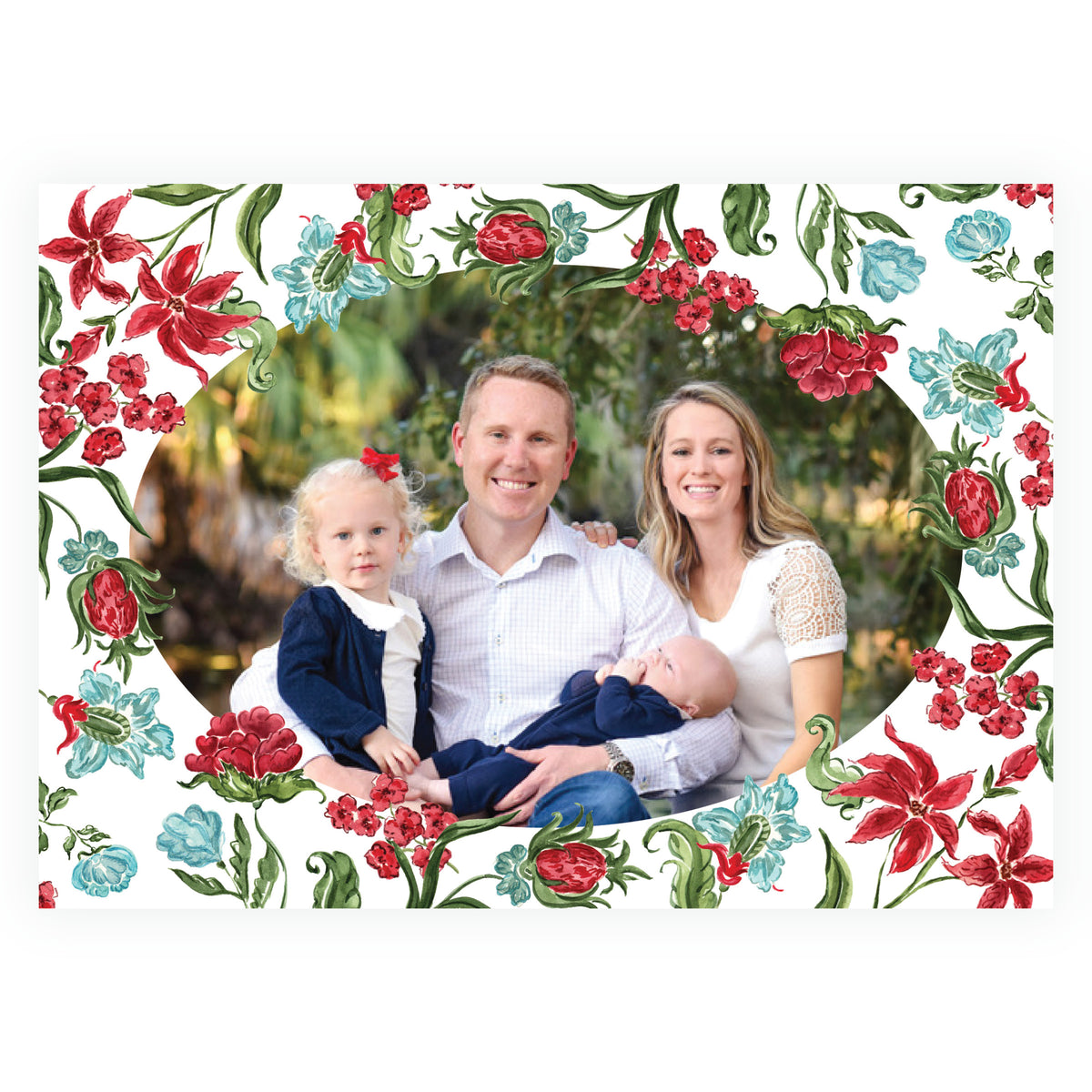 Landscape Christmas card with oval family photo and watercolor florals