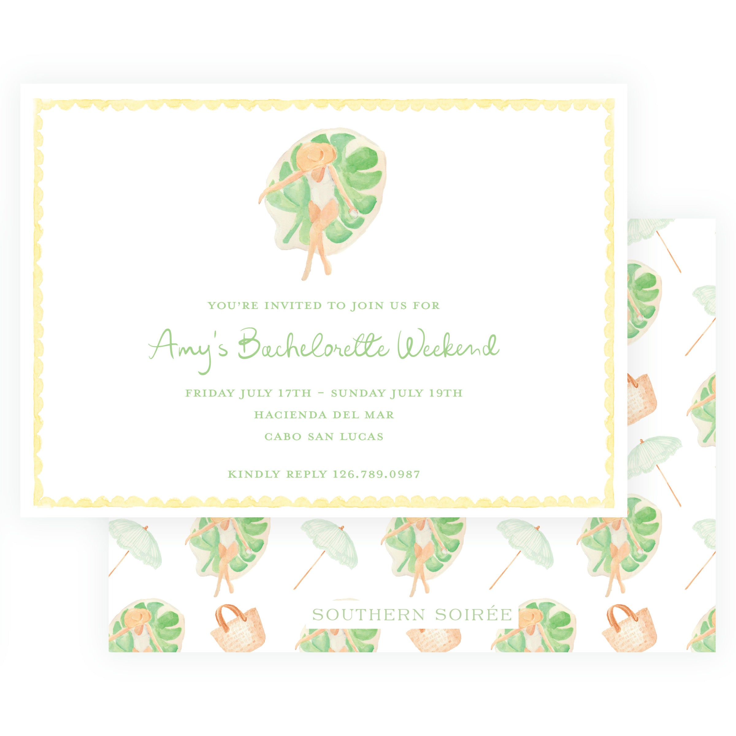 watercolor girls trip invitation bachelorette weekend or birthday getaway poolside girl tropical leaf beach invitation