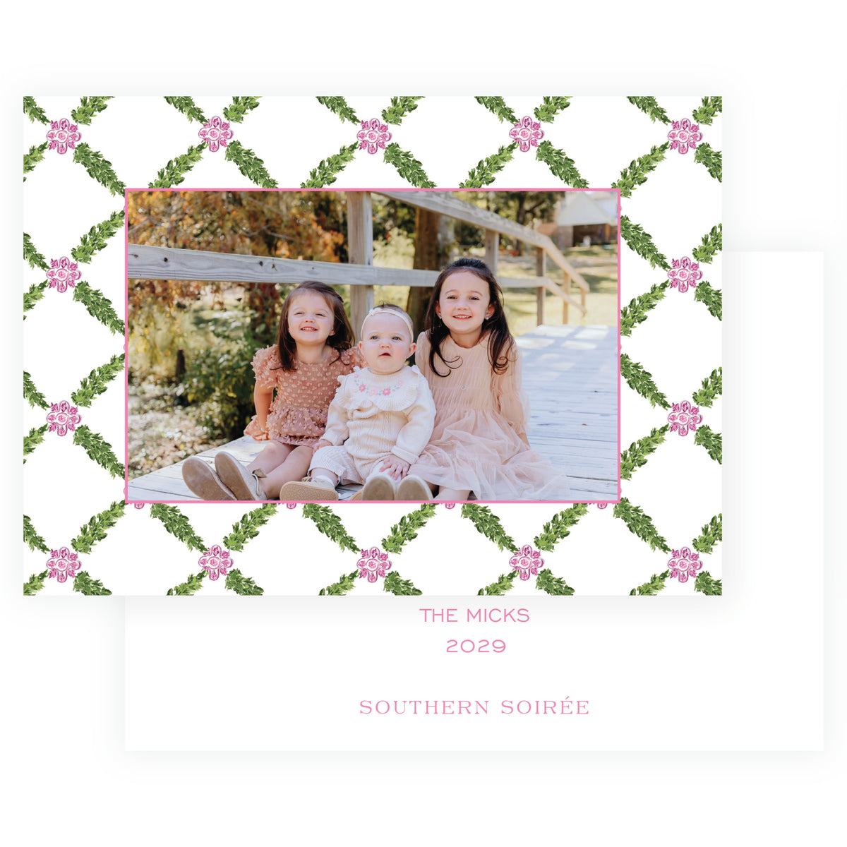 Pink garland lattice personalized Christmas photo card with watercolor greenery