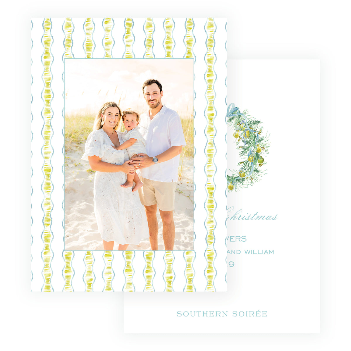 Evergreen and Pear wavy stripe personalized Christmas photo card