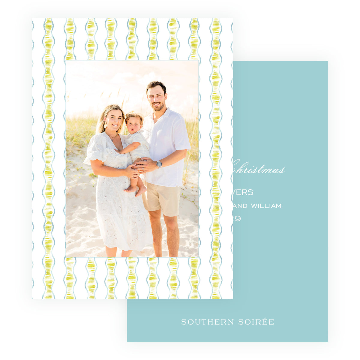Personalized Christmas card with hand-painted wavy stripe pattern