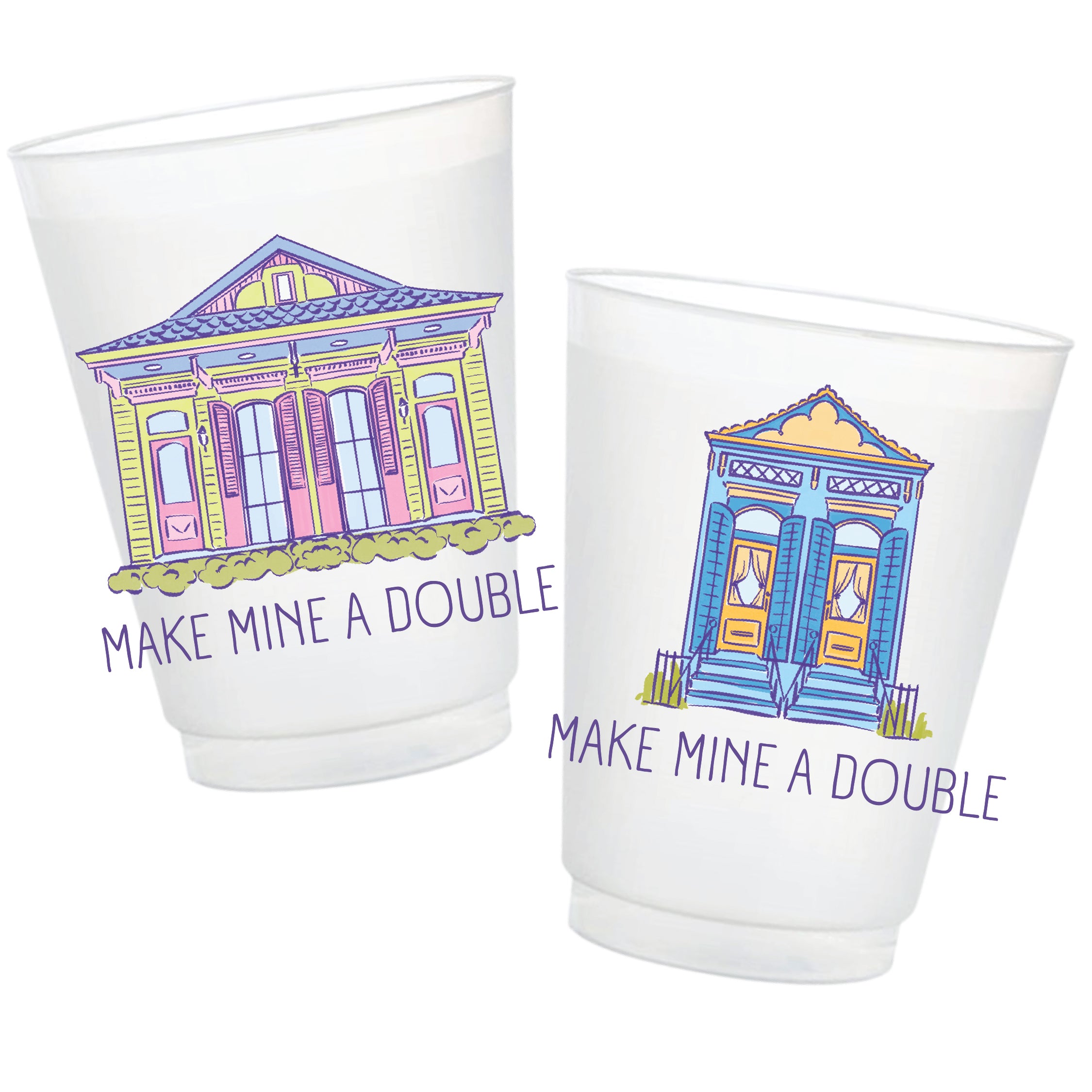 Make Mine a Double New Orleans frosted cups featuring colorful illustrated shotgun houses