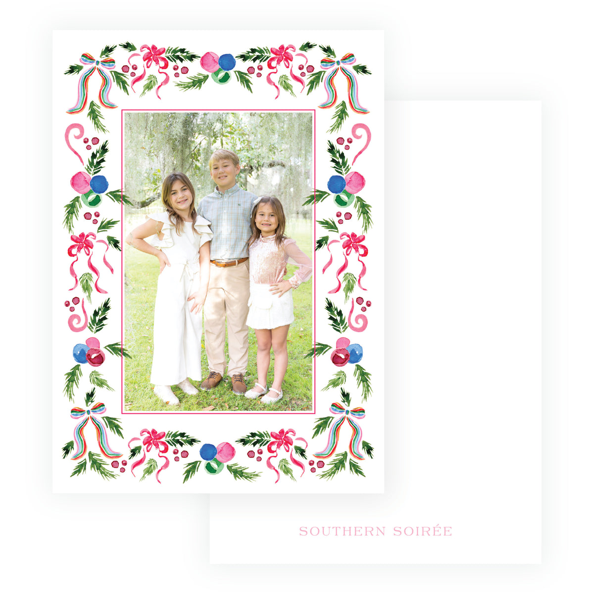 Merry Garland Full Frame personalized Christmas photo card with watercolor greenery