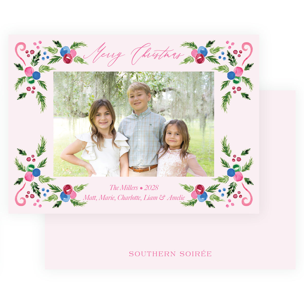 Merry Botanical Frame Pink Landscape Personalized Christmas Photo Card
