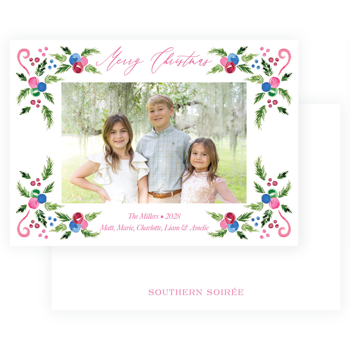 Merry Botanical Frame White landscape personalized Christmas photo card