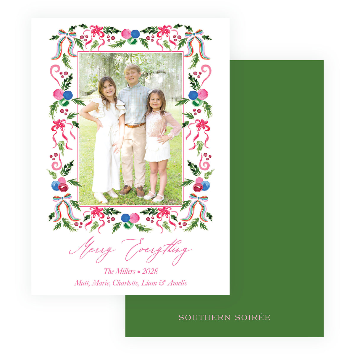 Watercolor Christmas photo card with patterned coordinating back option