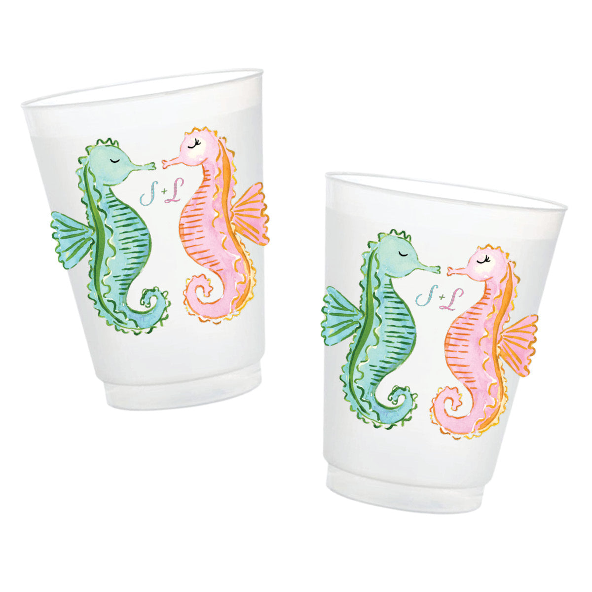 Two frosted clear plastic cups with a colorful seahorse design, featuring a green seahorse, a pink seahorse, and the initials 'S & L' in script, shown on a plain white background.