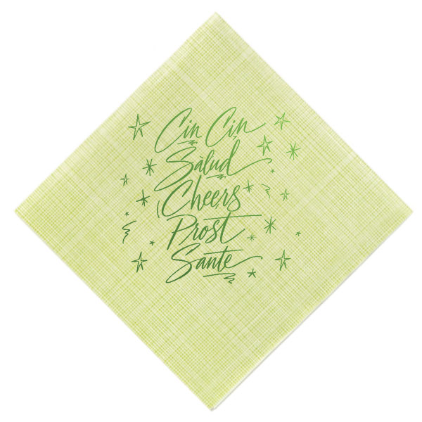 Kiwi green modern linen cocktail napkin featuring shiny lime foil handwritten calligraphy reading Cin Cin, Salud, Cheers, Prost, and Santé with whimsical star accents.