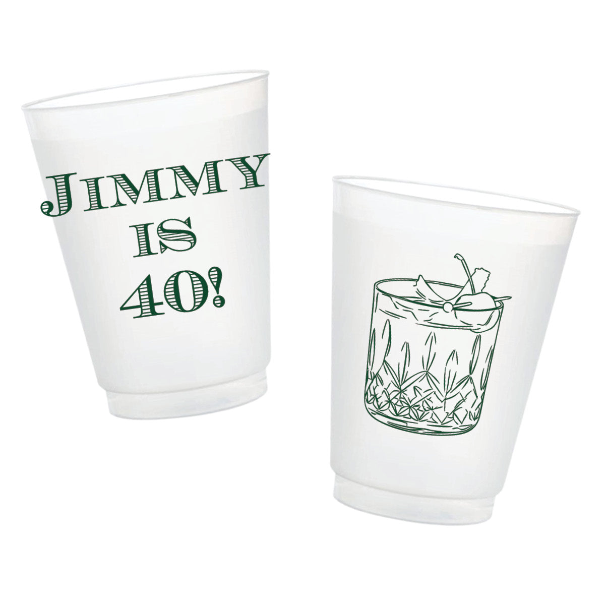 Personalized birthday frosted cups featuring a custom name and age with an illustrated Old Fashioned cocktail