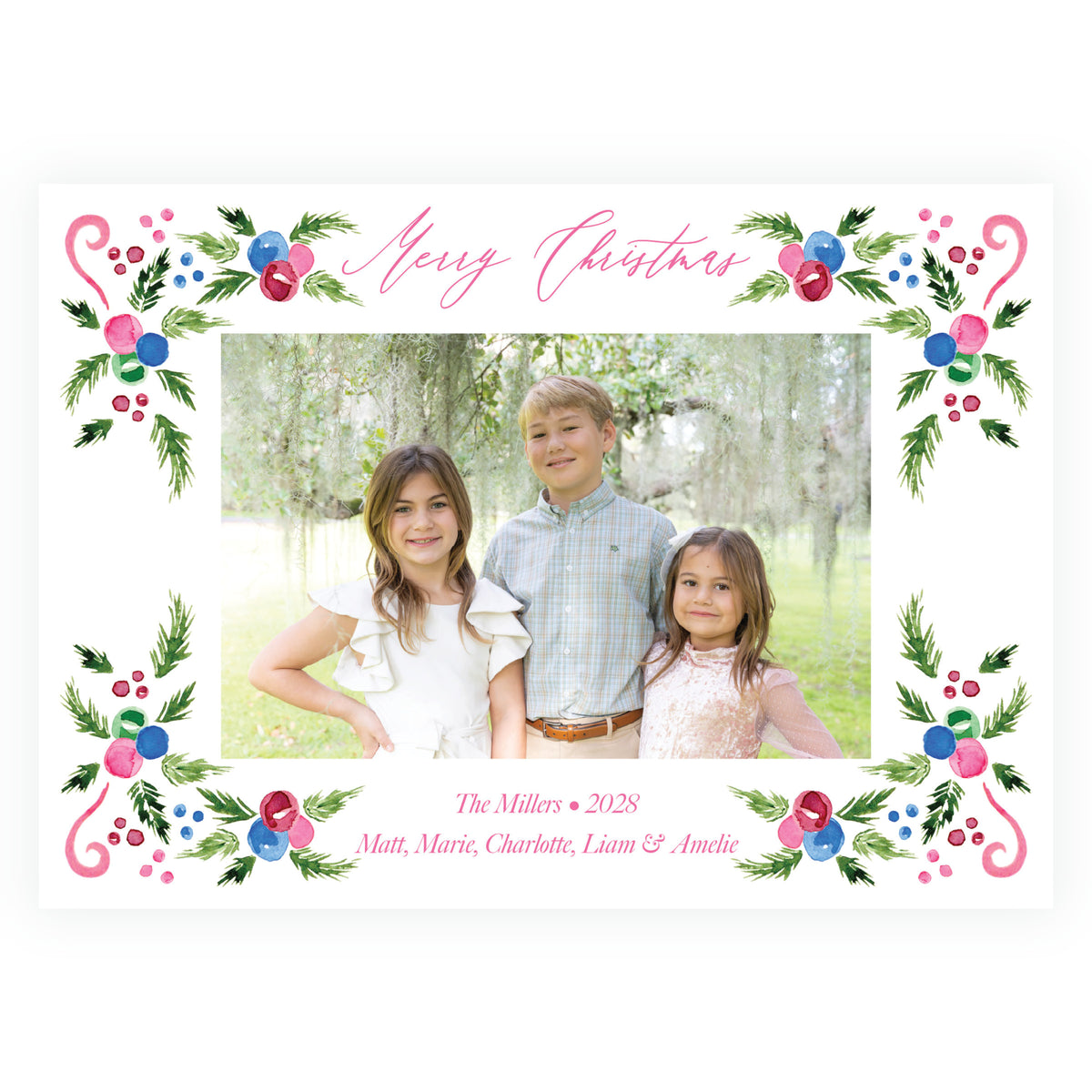 Merry Botanical Frame Landscape Personalized Christmas Photo Card