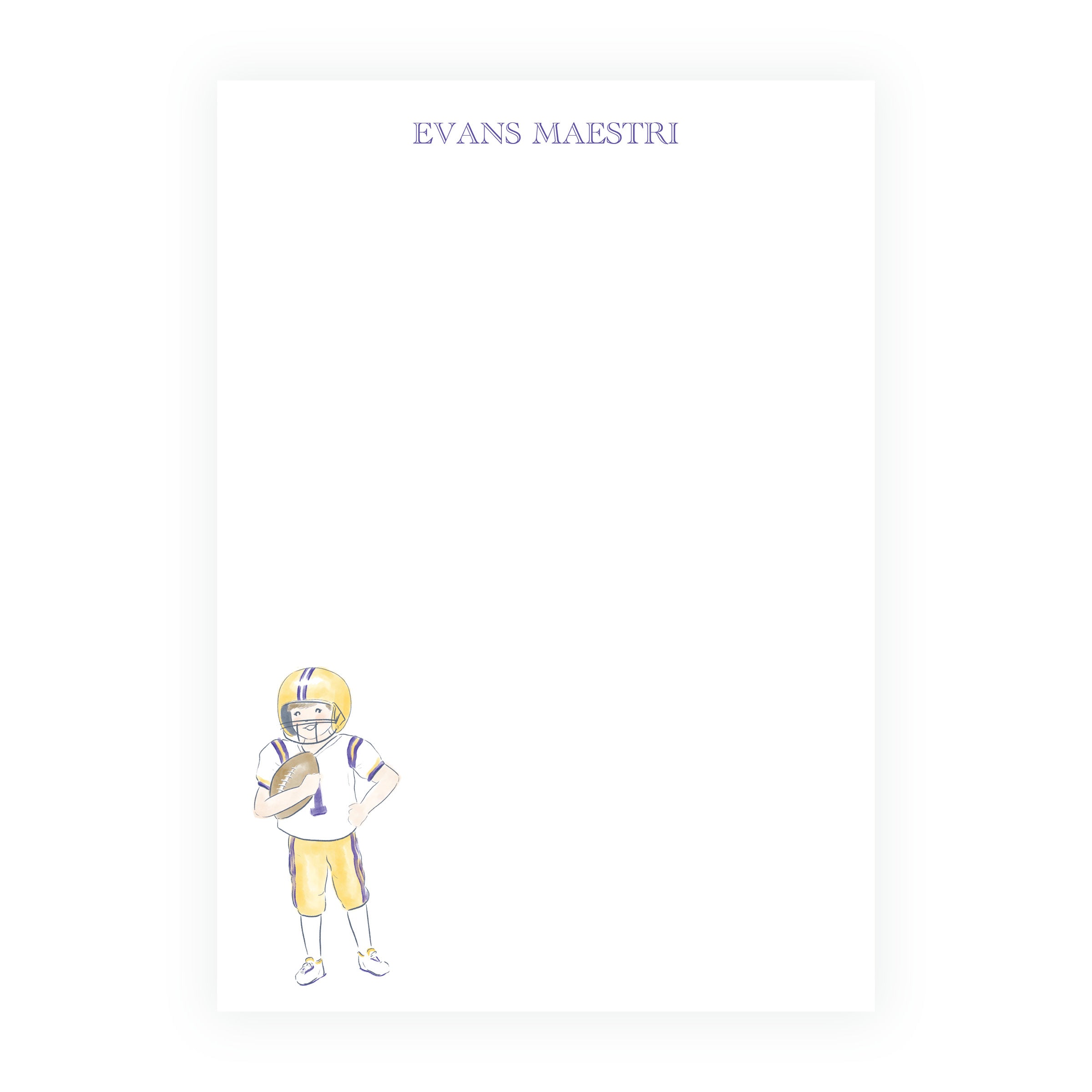 Personalized purple and gold football player notepad with custom name
