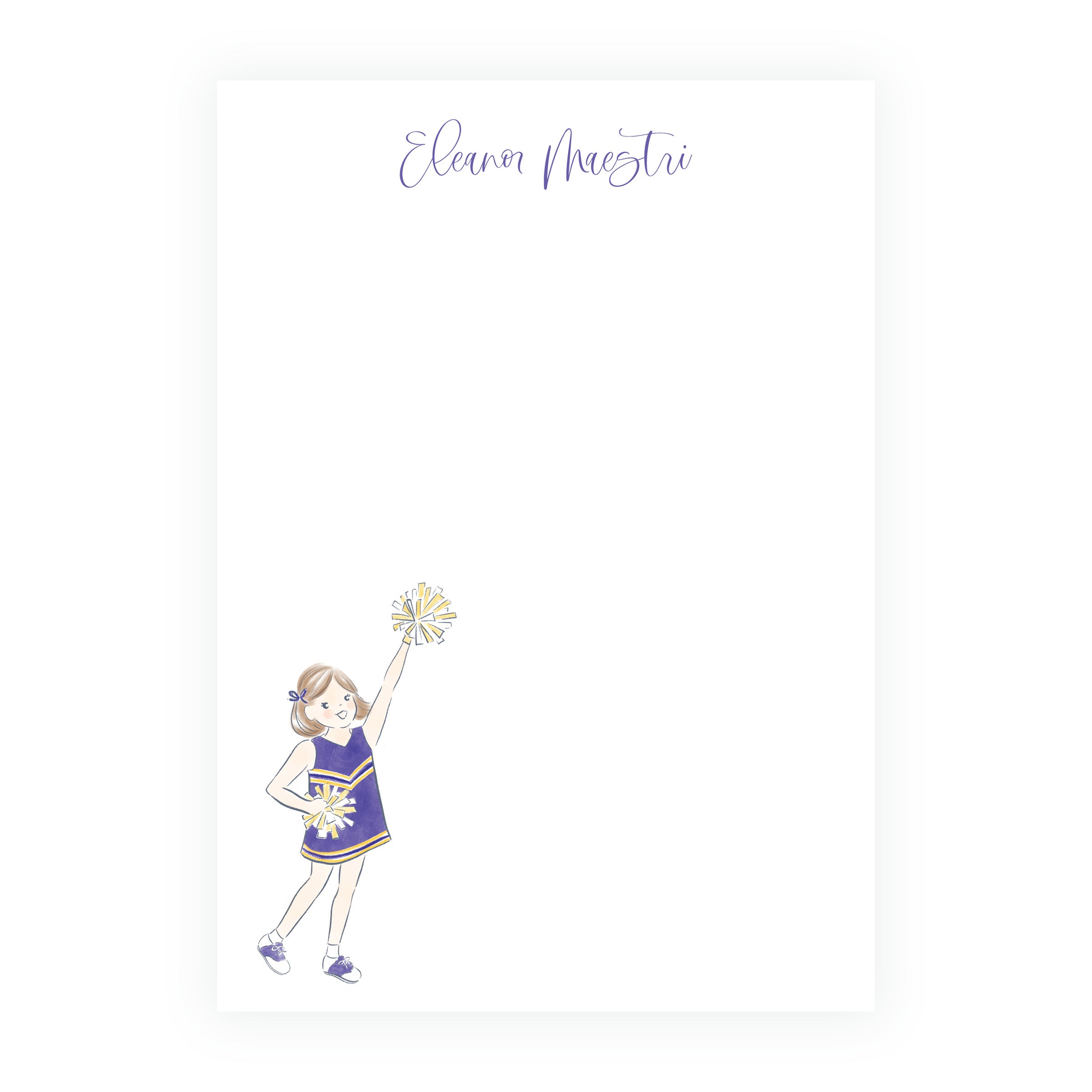 Personalized purple and gold cheerleader notepad with pom-poms and custom name