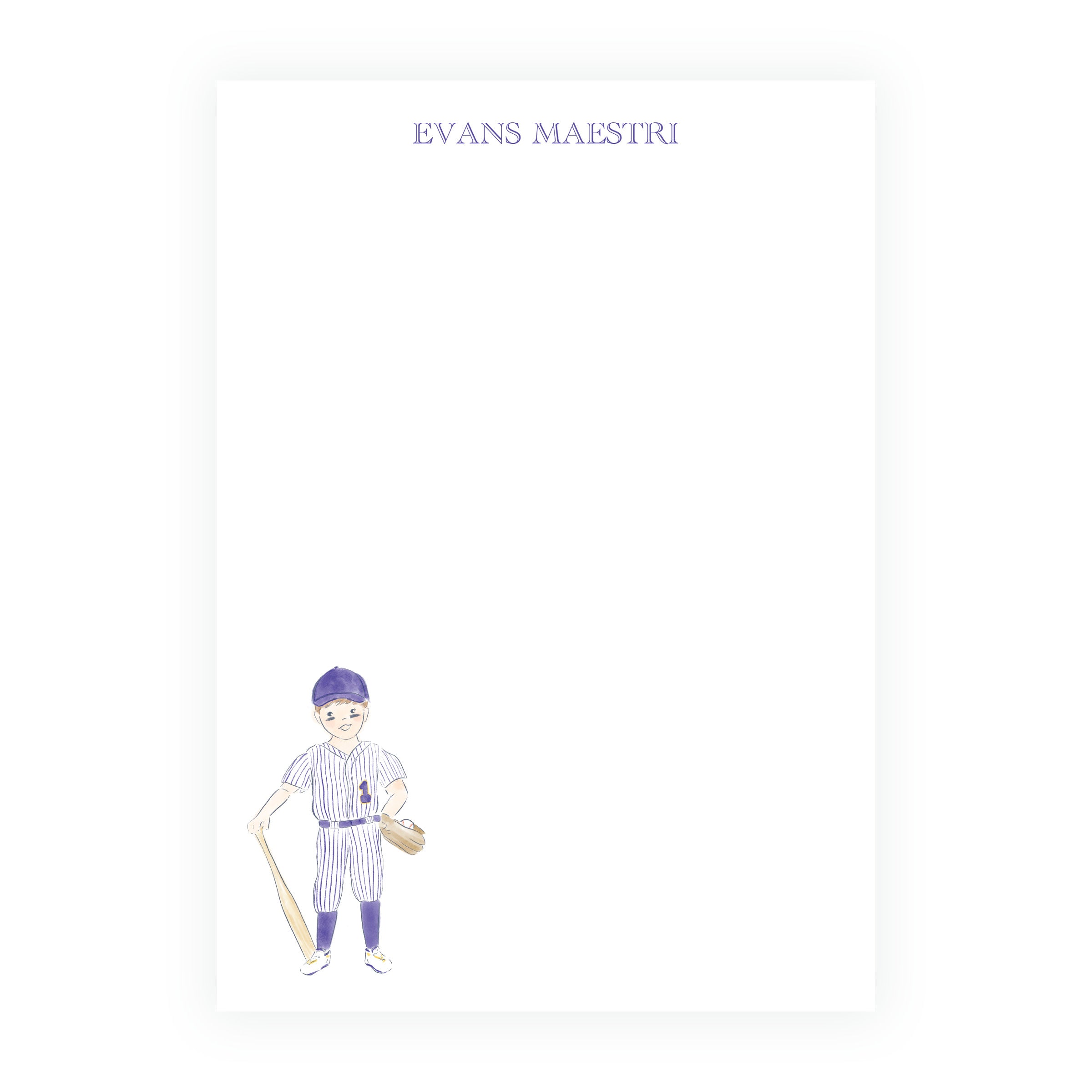 Personalized purple and gold baseball player notepad with custom name