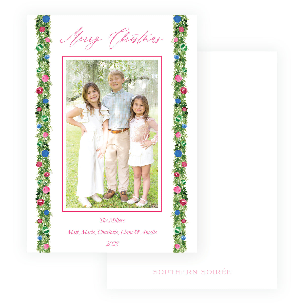Personalized holiday photo card with simple festive greenery trim