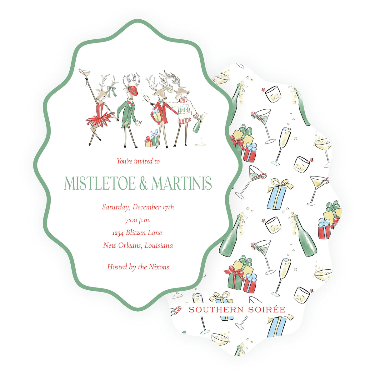 Reindeer Revelry Mistletoe and Martinis wavy die-cut Christmas party invitation with watercolor reindeer