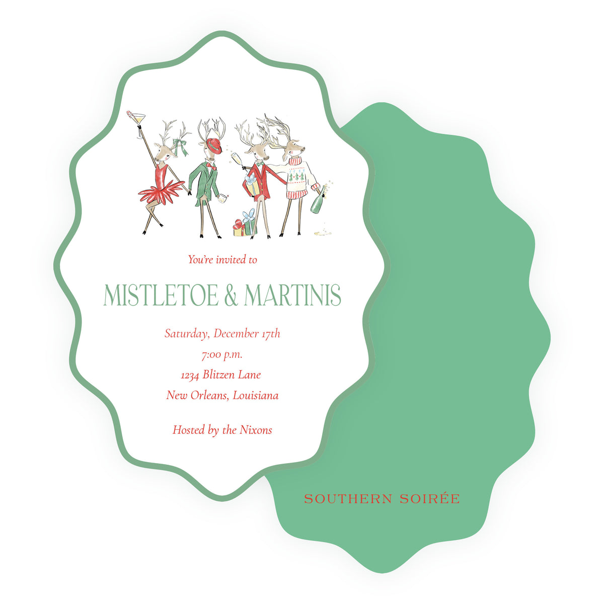 Reindeer Revelry Mistletoe & Martinis Wavy Die-Cut Christmas Party Invitation