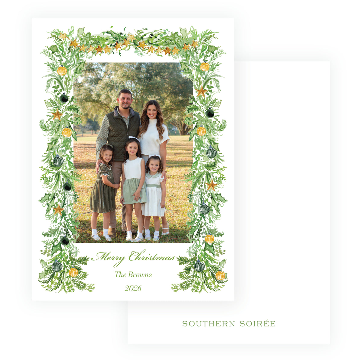 Festive Fir Evergreen Garland personalized Christmas photo card with watercolor greenery border, family photograph and custom Christmas greeting.