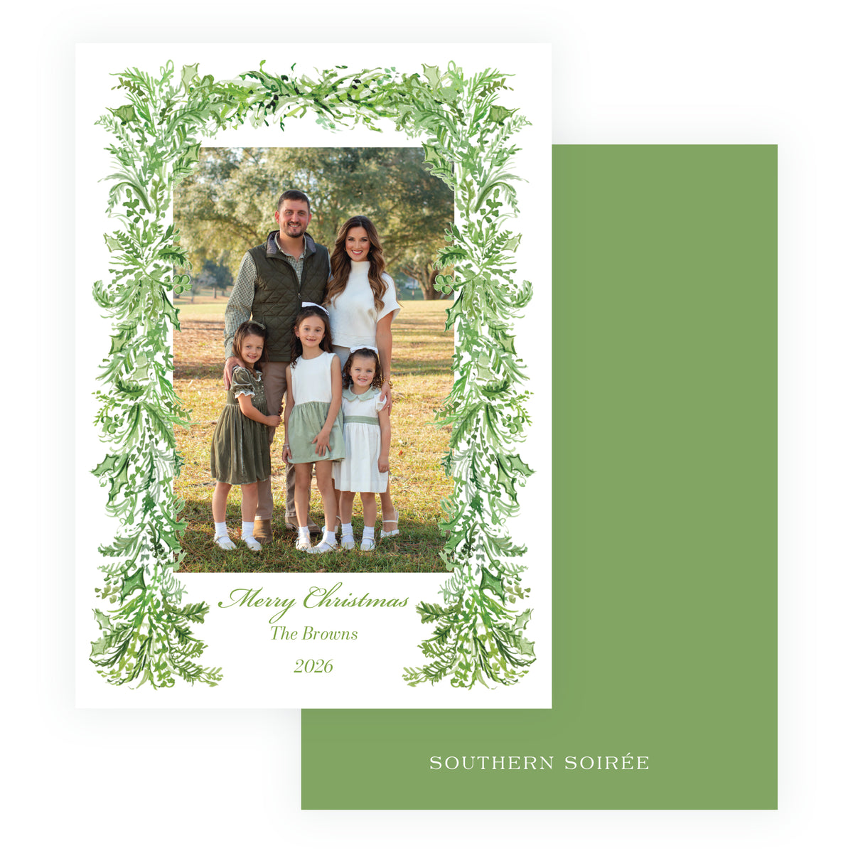 Festive Fir Evergreen Garland personalized Christmas photo card with watercolor greenery border, family photograph and custom Christmas greeting.